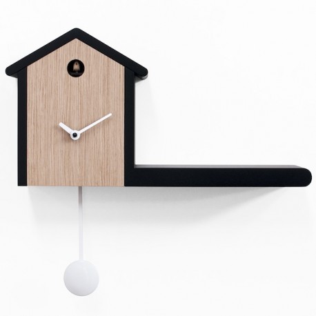 OROLOGIO DA PARETE MY HOUSE 2420 - Colore Nero con frontale rovere sbiancato. Lancette e pendolo in bianco. Dettaglio cucù.