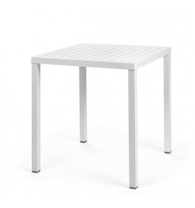 Tavolo Cube fisso quadrato - Gambe in alluminio verniciato e piano in polipropilene Bianco, 70 x 70 per esterno.