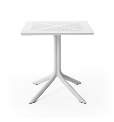Tavolo Clip X quadrato - Struttura e piano traforato in polipropilene Bianco, da centimetri 70 x 70.