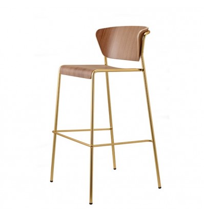 Sgabello Lisa Wood 2854 - Struttura in metallo Effetto Ottone Satinato, seduta e schienale in legno Noce Canaletto.